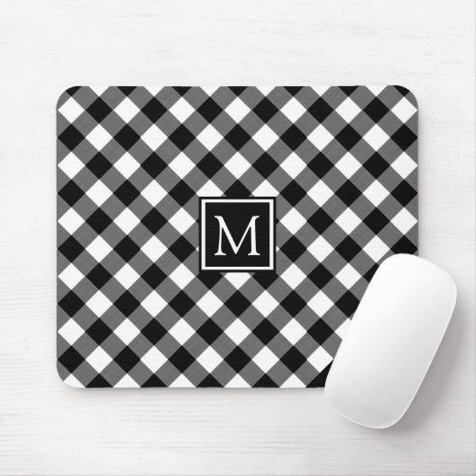 Tapis De Souris Noir et blanc Buffalo Check Plaid Nom du monogramm (Avec souris)