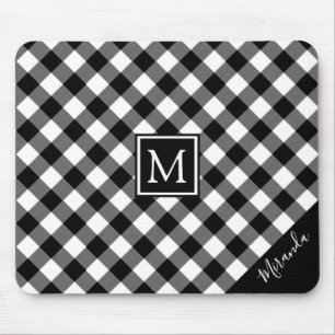 Tapis De Souris Noir et blanc Buffalo Check Plaid Nom du monogramm