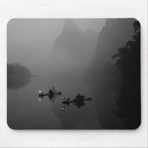 Tapis De Souris Noir et blanc, Chine, Rivière Li, Pêcheur sur