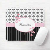 Tapis De Souris Noir Et Blanc Damas Chic Rose Floral Avec Nom (Avec souris)