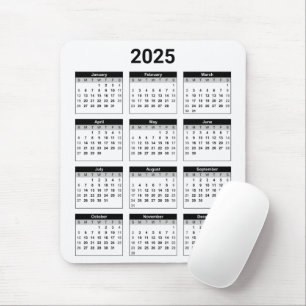 Tapis De Souris Noir et blanc USA 2025 Calendrier annuel
