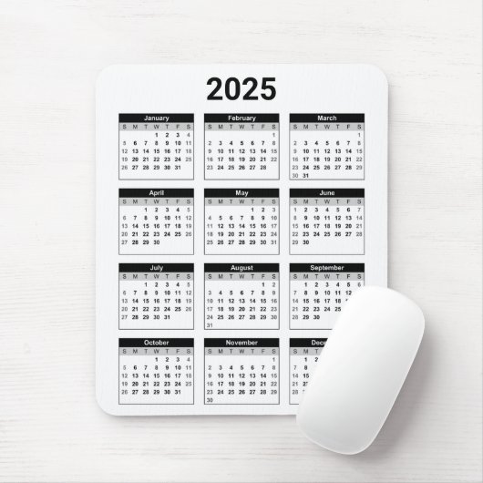 Tapis De Souris Noir et blanc USA 2025 Calendrier annuel (Avec souris)