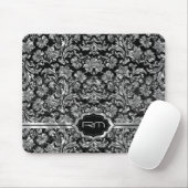 Tapis De Souris Noir & Métallic Argent Floral Damas Monogramme (Avec souris)