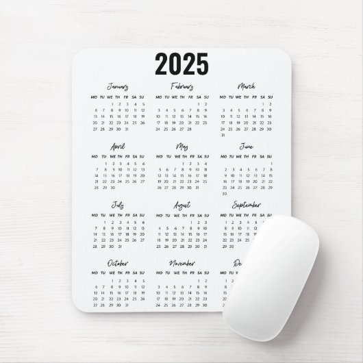 Tapis De Souris Noir moderne Blanc 2025 Calendrier Pleine Année Vu (Avec souris)