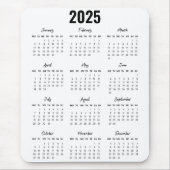 Tapis De Souris Noir moderne Blanc 2025 Calendrier Pleine Année Vu (Devant)