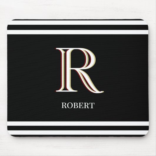 Tapis De Souris Noir moderne Blanc Personnalisé Nom Monogramme (Devant)