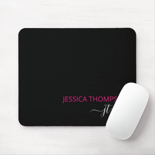 Tapis De Souris Noir moderne rose chaud Simple Script Monogramme N (Avec souris)