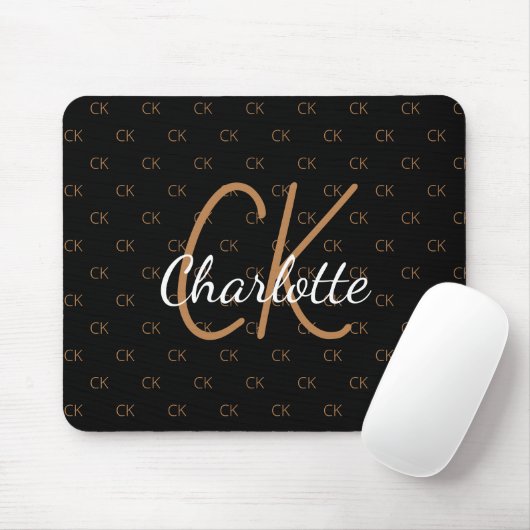 Tapis De Souris Noir or monogramme initiales nom script élégant (Avec souris)