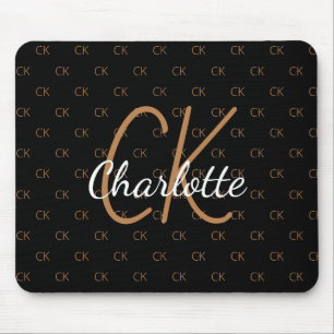 Tapis De Souris Noir or monogramme initiales nom script élégant