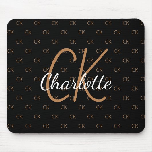 Tapis De Souris Noir or monogramme initiales nom script élégant (Devant)
