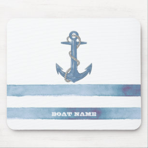 Tapis De Souris Nom de bateau nautique, Ancre, Corde, Rayures bleu
