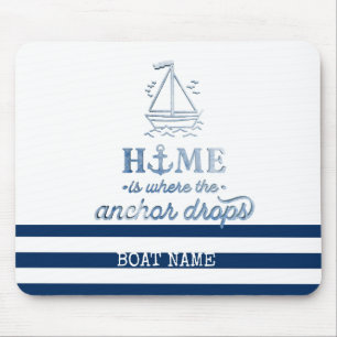 Tapis De Souris Nom de bateau nautique, ancre rayée bleu marine