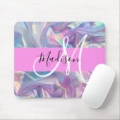 Tapis De Souris Nom de monogramme holographique iridescent rose fé (Avec souris)