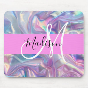 Tapis De Souris Nom de monogramme holographique iridescent rose fé