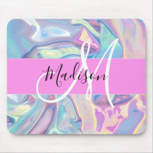 Tapis De Souris Nom de monogramme holographique iridescent rose fé