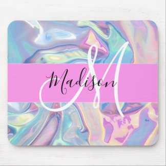 Tapis De Souris Nom de monogramme holographique iridescent rose fé