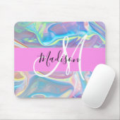 Tapis De Souris Nom de monogramme holographique iridescent rose fé (Avec souris)