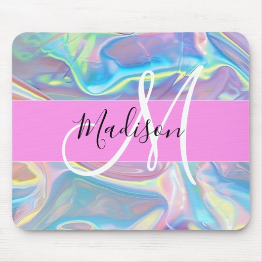 Tapis De Souris Nom de monogramme holographique iridescent rose fé (Devant)