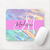 Tapis De Souris Nom de monogramme holographique iridescent rose fé (Avec souris)