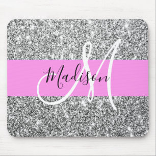 Tapis De Souris Nom de monogramme Paillettes Rose et Argent Glam