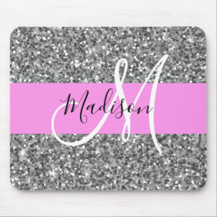 Tapis De Souris Nom de monogramme Paillettes Rose et Argent Glam