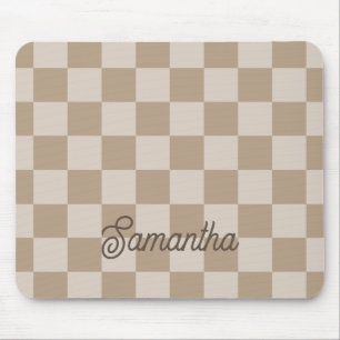 Tapis De Souris Nom de script Taupe Beige Checkers