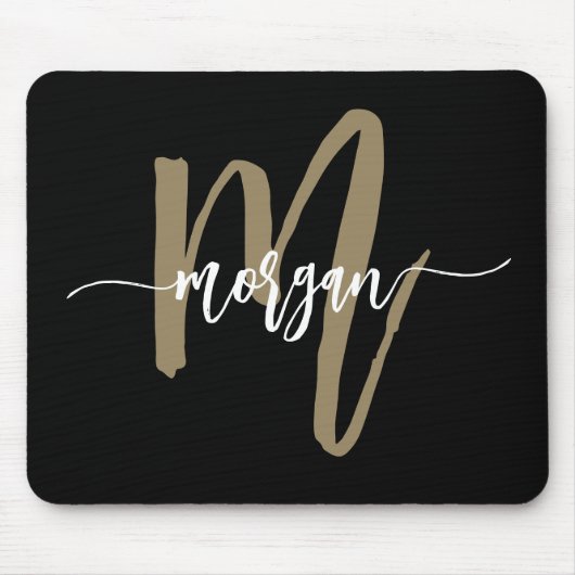 Tapis De Souris Nom du monogramme Black Gold Modern Script (Devant)
