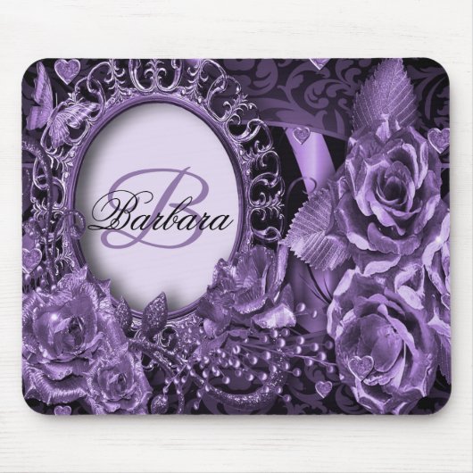Tapis De Souris Nom du monogramme Cadeau Purple Floral Élégant Mod (Devant)