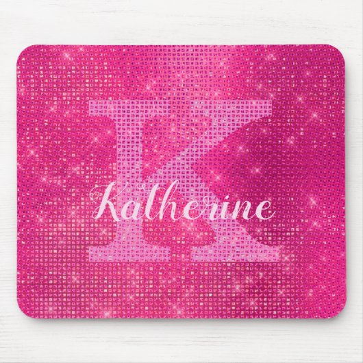 Tapis De Souris Nom du monogramme étincelant brillant rose-chaud (Devant)