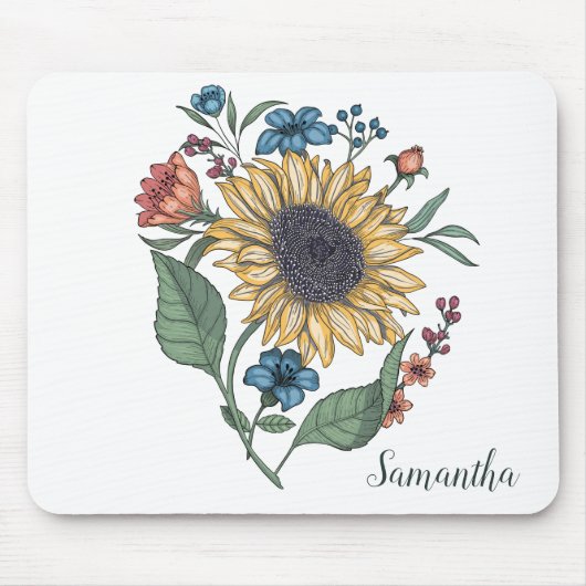Tapis De Souris Nom du monogramme floral de tournesol Nom de la so (Devant)