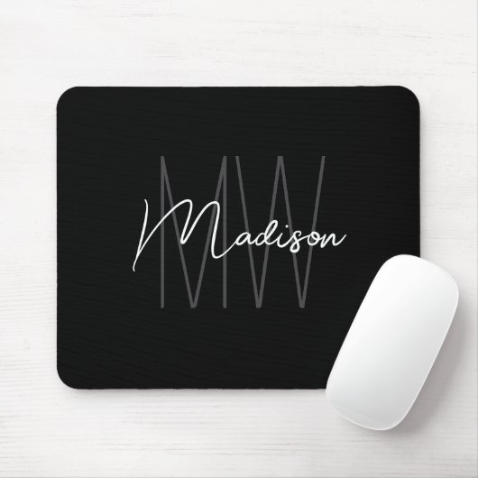 Tapis De Souris Nom du monogramme moderne Script noir blanc (Avec souris)
