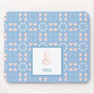 Tapis De Souris Nom du monogramme Motif Coeurs bleu et pêche