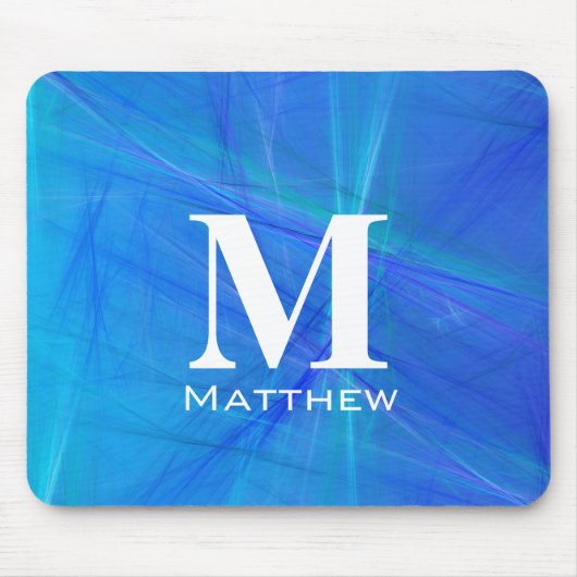 Tapis De Souris Nom en Monogramme Blanc Fractal Bleu Cool (Devant)
