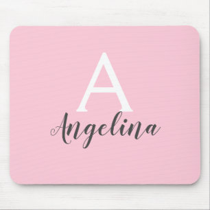 Tapis De Souris Nom en monogramme rose pâle féminin blanc & gris