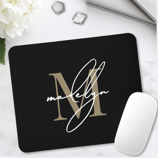 Tapis De Souris Nom initial monogrammé en écriture Or Noir