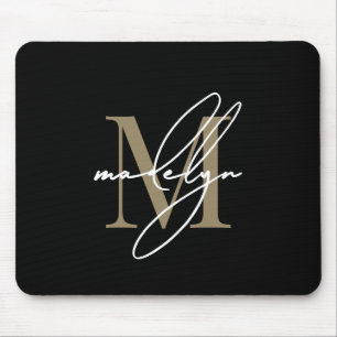 Tapis De Souris Nom initial monogrammé en écriture Or Noir