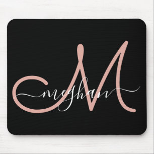 Tapis De Souris Nom manuscrit rose noir moderne Monogramme