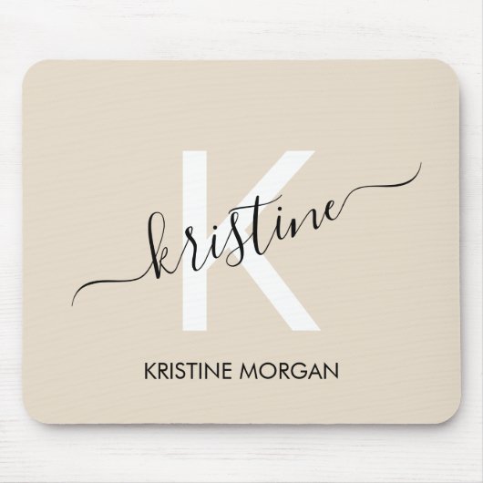 Tapis De Souris Nom monogramme du script beige moderne (Devant)