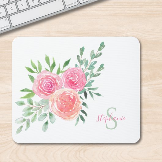 Tapis De Souris Nom Monogramme Floral Aquarelle