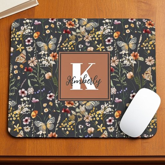 Tapis De Souris Nom Monogramme Floral Boho Moderne