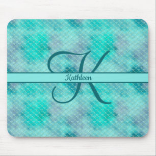 Tapis De Souris Nom monogrammé initial Mermaid bleu violet vert