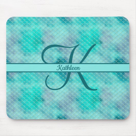 Tapis De Souris Nom monogrammé initial Mermaid bleu violet vert (Devant)