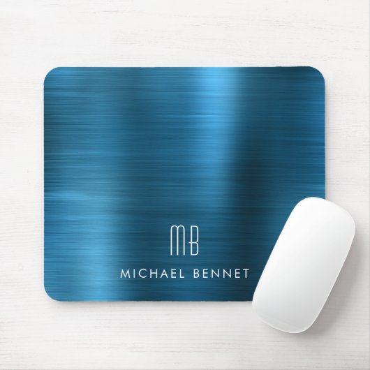 Tapis De Souris Nom Monogramme Métallisé Bleu Élégant (Avec souris)