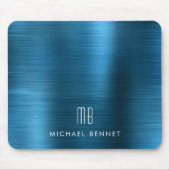 Tapis De Souris Nom Monogramme Métallisé Bleu Élégant (Devant)