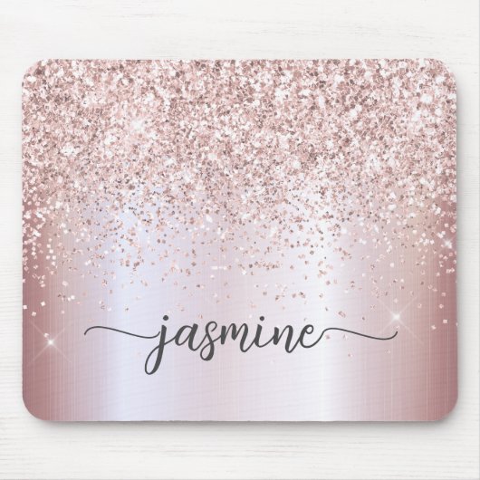 Tapis De Souris Nom Monogramme Métallisé Pailleté Rose Doré Étince (Devant)