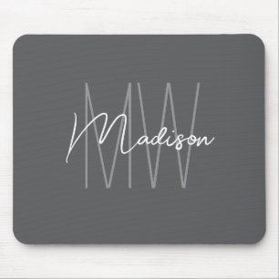 Tapis De Souris Nom Monogramme moderne Script Grey