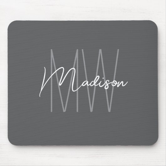 Tapis De Souris Nom Monogramme moderne Script Grey (Devant)