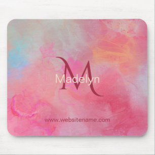Tapis De Souris Nom personnalisé + Encre rose à monogramme aquarel