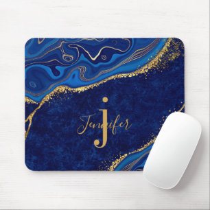 Tapis De Souris Nom personnalisé Monogram Elegant Gold et Blue Aga
