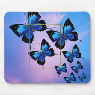 Tapis De Souris Nuages roses et papillons bleus Pad